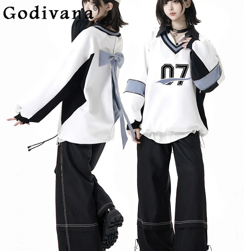 

Women Japanese Style Outfits Patchwork V Neck Black Bow Sweatshirt Design Wide Leg Pants Oversized Set Girls Lolita Suits