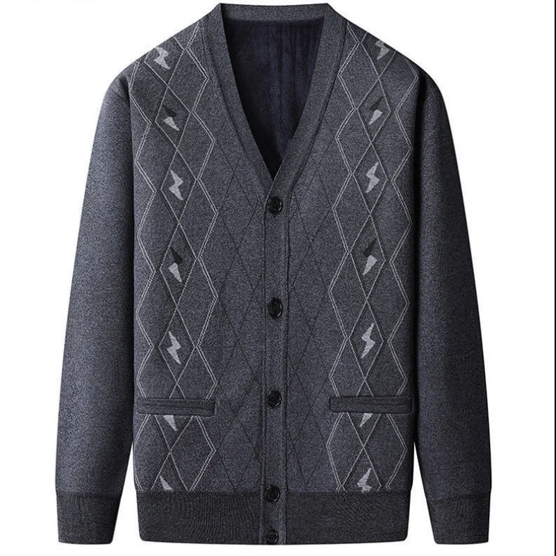 Men's Plaid Printing Cardigan Autumn Winter New Long Sleeve Button V Neck Loose Knitting Sweaters Vintage Casual Men Clothing