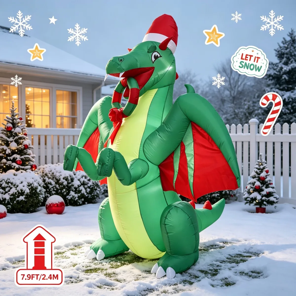 Christmas Inflatable Dragon Built LED Light Wear Santa Hat Hold Candy Cane Blow Up Inflatable Toy Home Holiday Party  Decoration