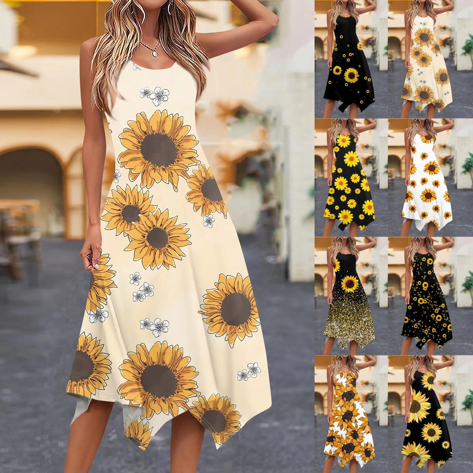 Women\'s Sunflower print dresses Casual Fashion sundress Round Neck Sleeveless long dresses Irregular Hem vestidos midi elbise