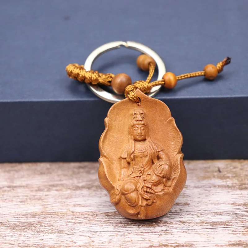 Religion Natural Wood Three-dimensional Engraving Buddha Keychain For Girls Men Fashion Women Jewelry Lucky Key Ring Chains New