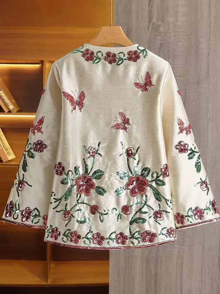 الربيع/الخريف جديد الراقية تصميم حصري رائعة مطرزة الترتر + زهرة فراشة زر مخفي معطف الحرير للنساء #5
