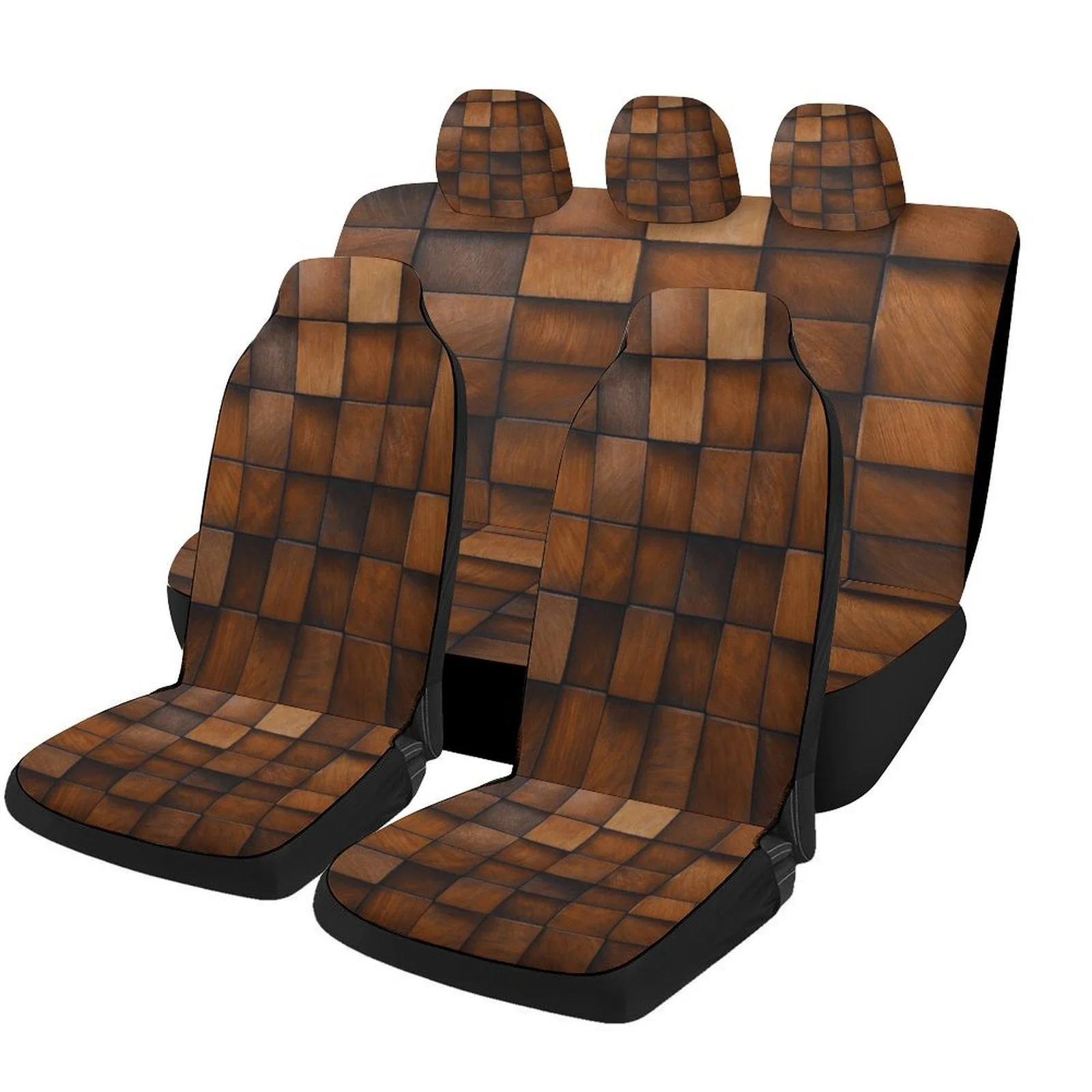 Wooden Tiles Pattern Themed Car Seat Covers Set For Most Cars, Decorative Fashionable High-quality Car Seat Protector Covers Ful