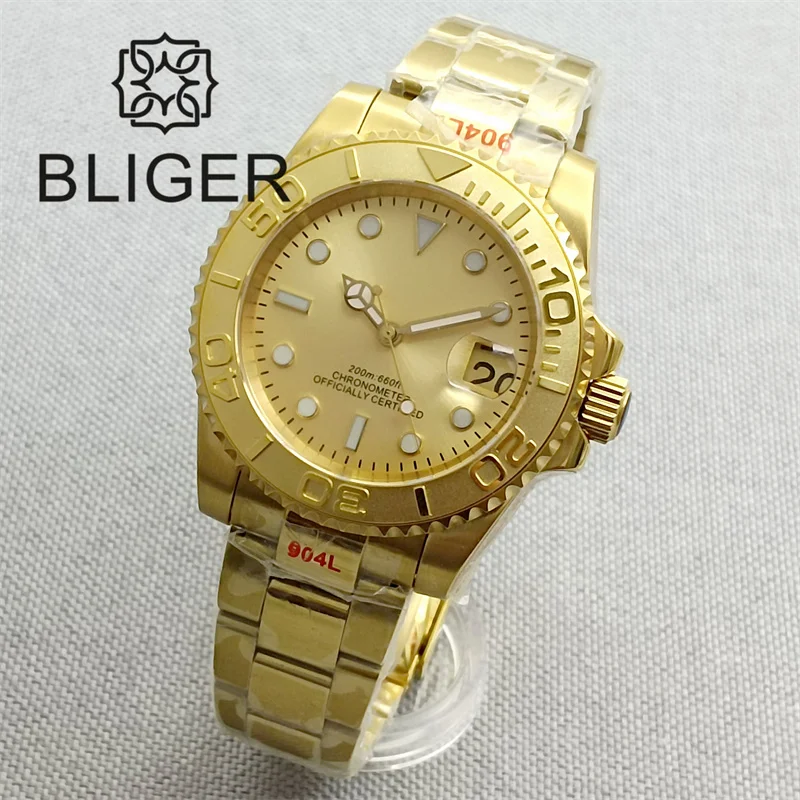 BLIGER Luxury NH35 MIYOTA 8215 PT5000 Automatic Men Watch Full Yellow Gold Bracelet Gold Sunburst Dial Sapphire Glass Waterproof