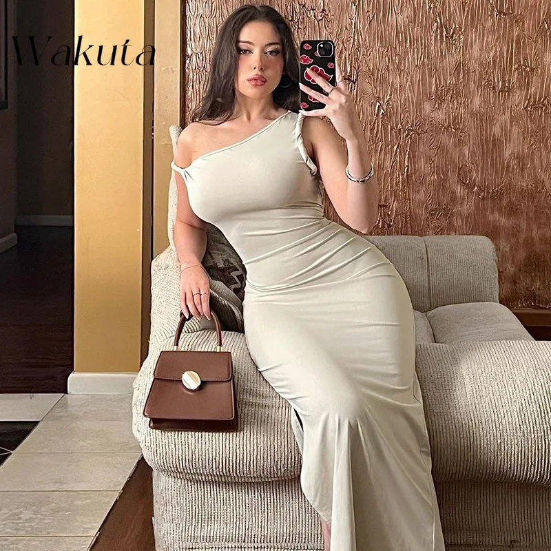 Wakuta Elegant Fashion Solid One Shoulder Sleeveless Slit Irregular Sexy Slim Maxi Dresses Summer Women Y2K Outfit Birthday Robe