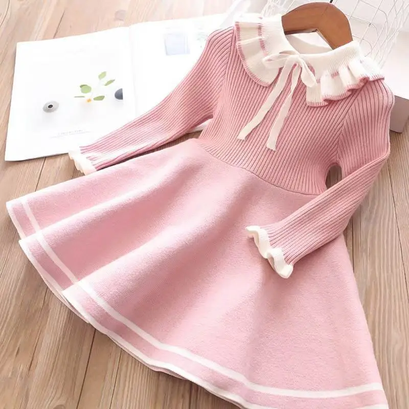 

Children Warm Sweater Dress for Girls Infant Casual Pleated Princess Dress Winter Girls Knitting Wool Long Sleeve Dress