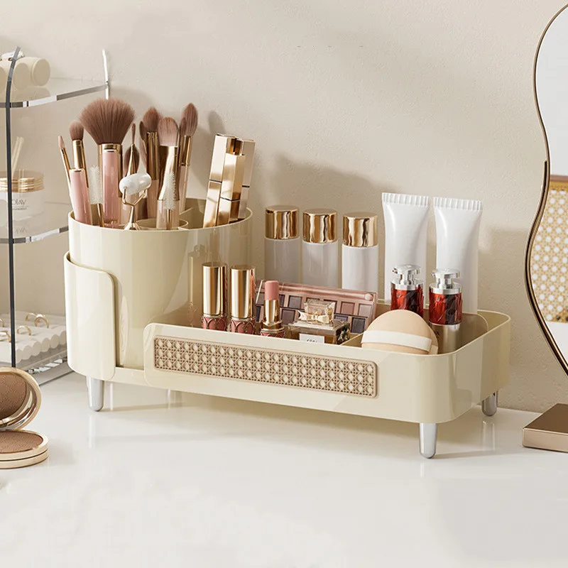

Cosmetic Storage Rack with Rotating Base Divided Compartments for Makeup Brush Lipstick Skin Care Storage Box Makeup Organizer