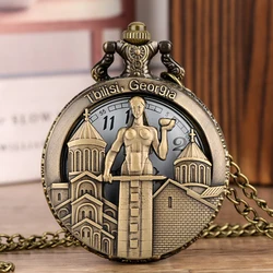 Retro Tbilisi Georgia Hollow Design Quartz Pocket Watch Bronze Necklace Timepiece Pendant Fob Clock with 80cm/38cm Hook Chain