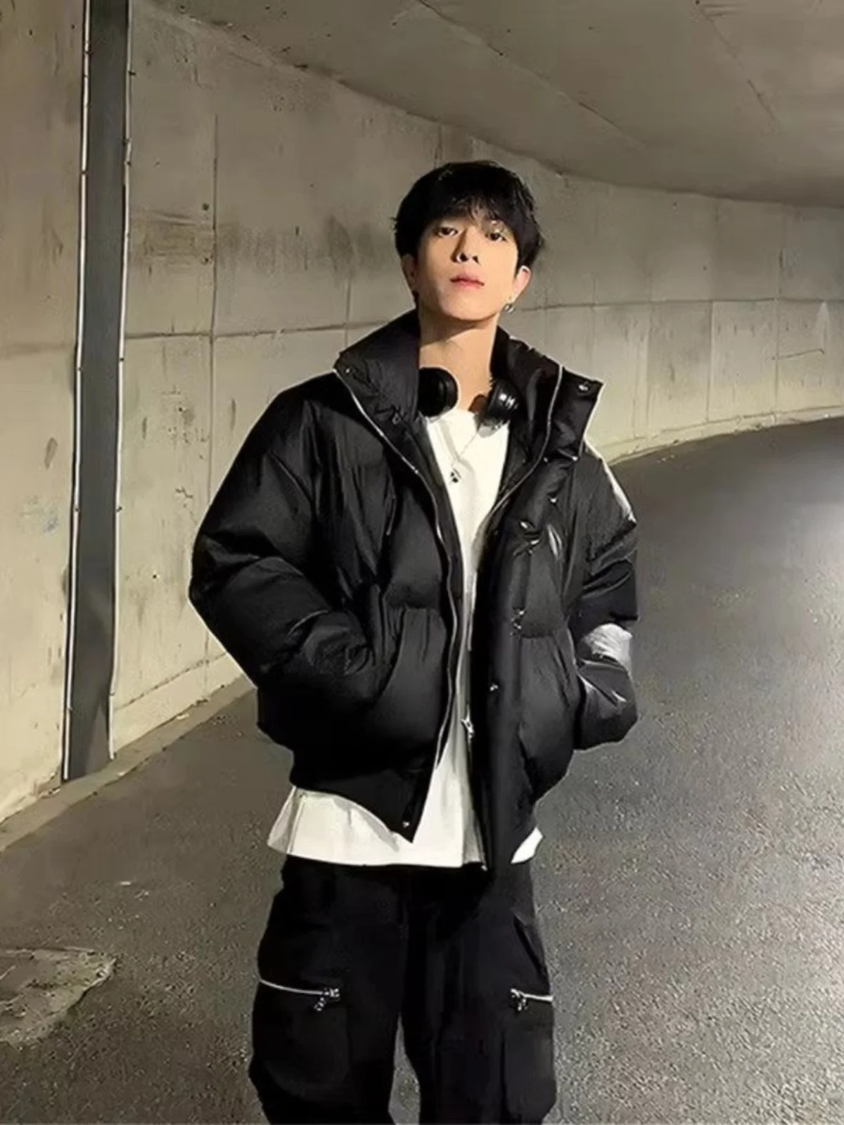 

Bla Stand Collar PU Leather ort Cotton Jaet Men's Winter Outdoor Windproof Waterproof Warmth Sensation Casual Coat