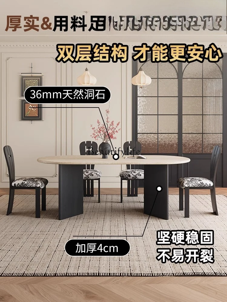 05French cream retro style natural travertine rock slab dining table household small apartment living room oval dining table
