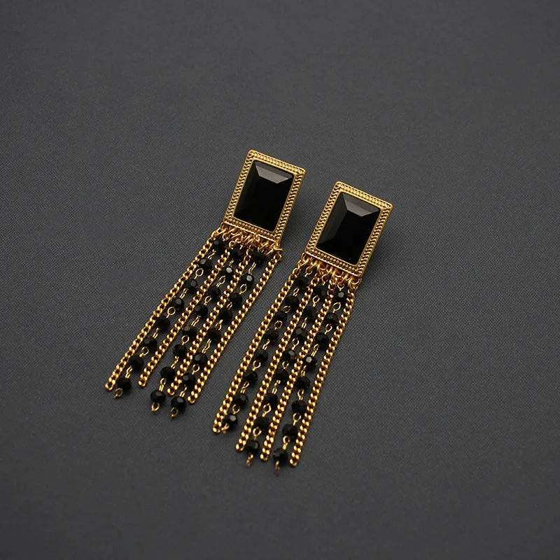 Black Crystal Tassel Earrings Square Gemstone Sweep Shoulder Earrings Handmade Retro Medieval 4