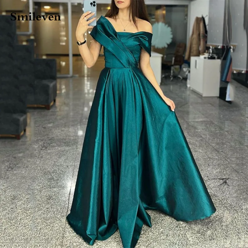 

Smileven Hunter Green Satin Formal Evening Dresses A Line Prom Gowns Robe De Mariee Off The Shoulder Prom Party Dress