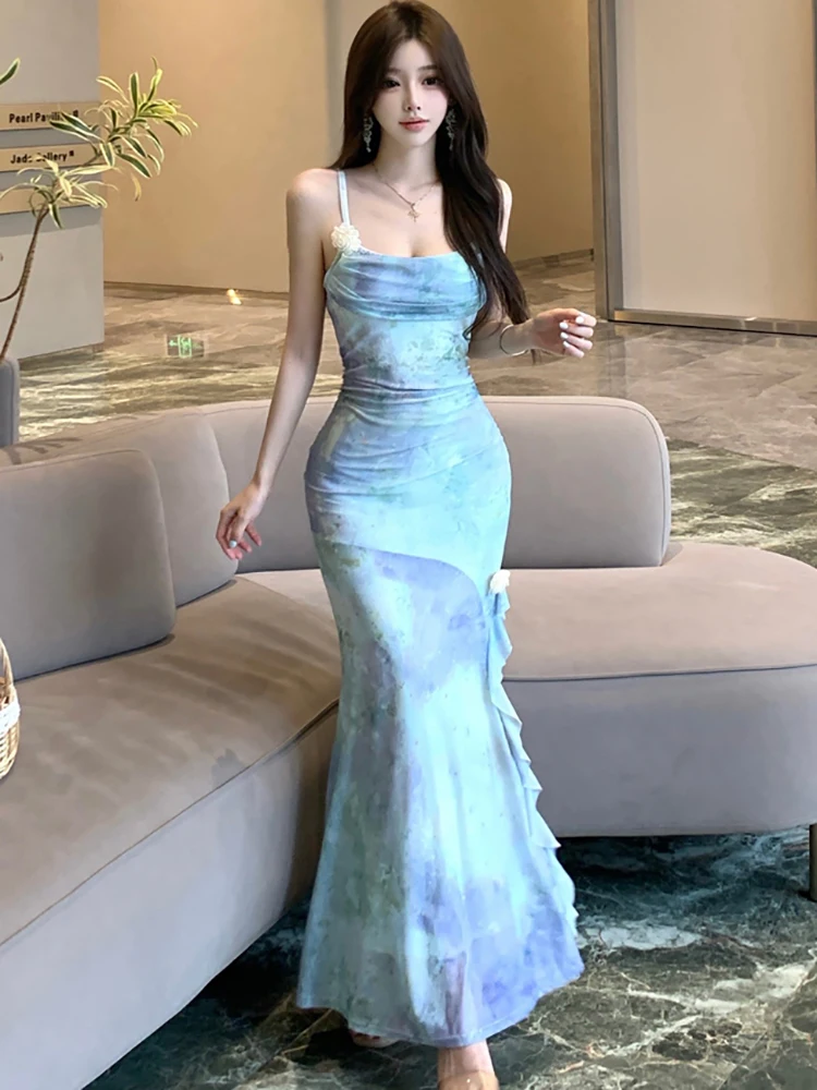 Women Fashion Print Chic Sling Sexy Long Dress Summer Elegant Luxury Ruffled Mermaid Dress 2025 Korean Bodycon Festival Vestidos