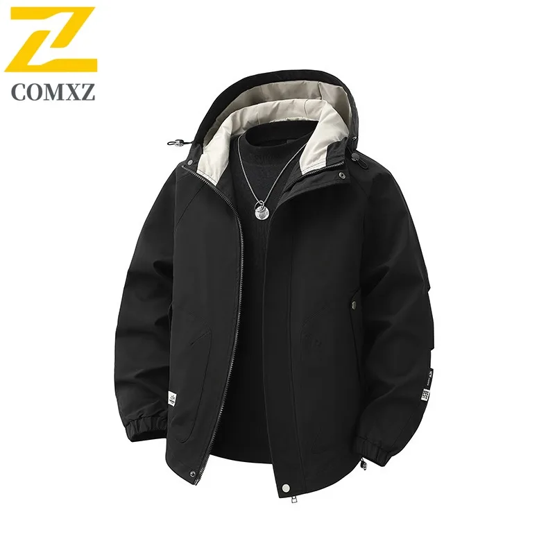 

COMXZ 2025 Mens Hooded Jacket Autumn Trendy Windproof Lightweight Outdoor Adventure Camping Climbing Coat Breathable Outerwear