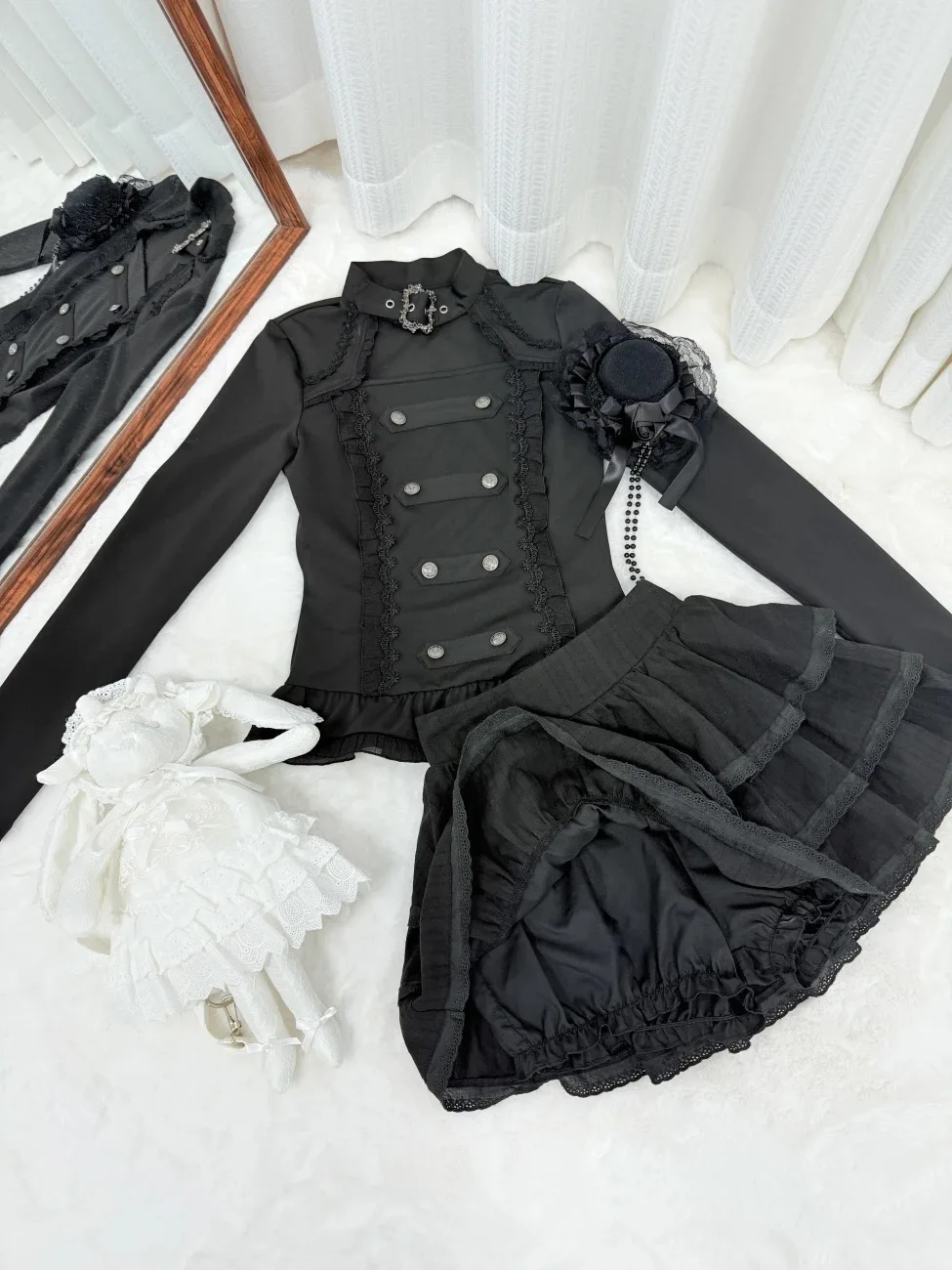 Kukeita Gothic Lolita Black Ruffles Skirt Sets Y2k Punk Women Double Breasted Blouses Top+Mini Skirts 2PS Sets Chic Streetwear image 6