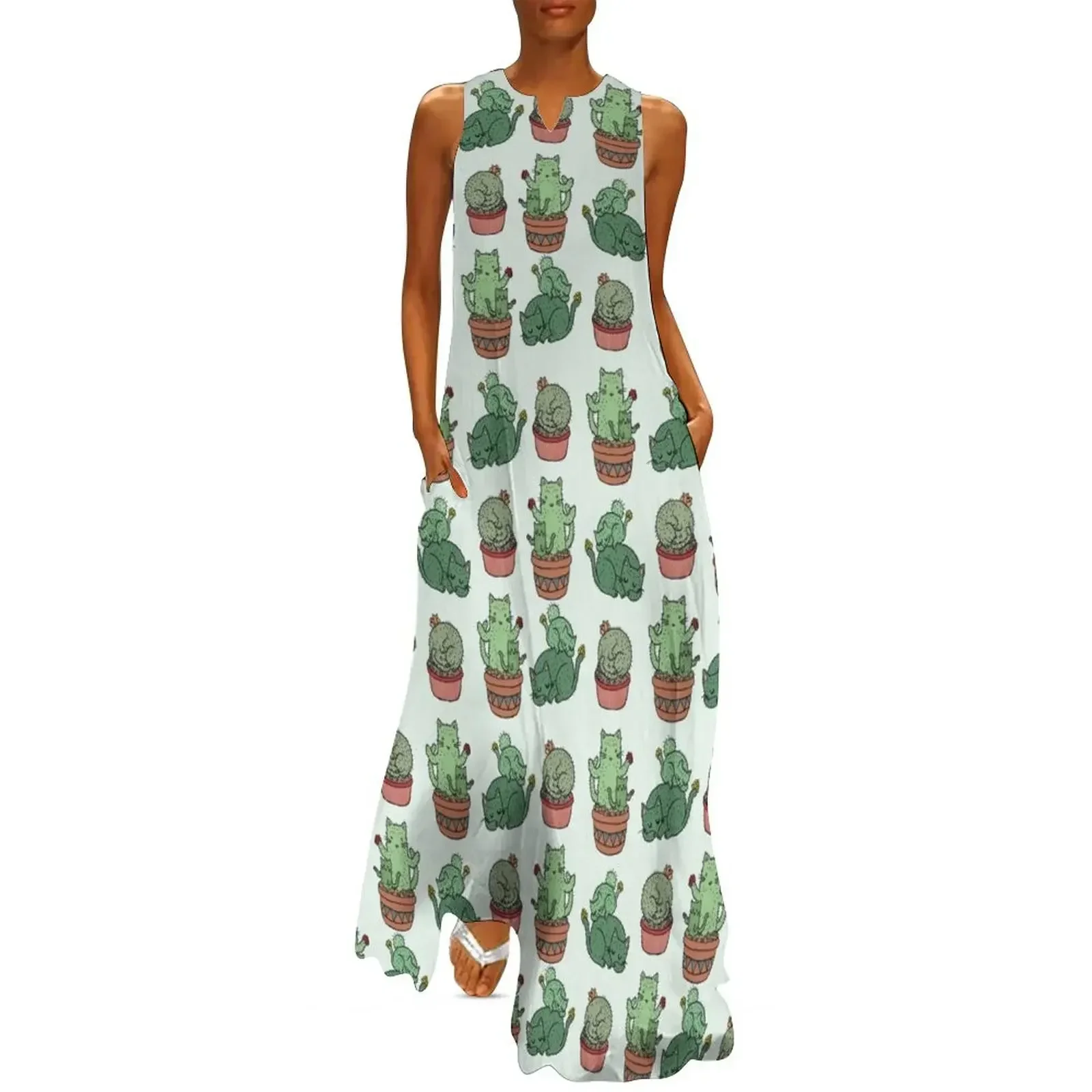 

Cactus Cats Long Dress Women dresses summer Dress women women clothes women's fashion dresses Dress