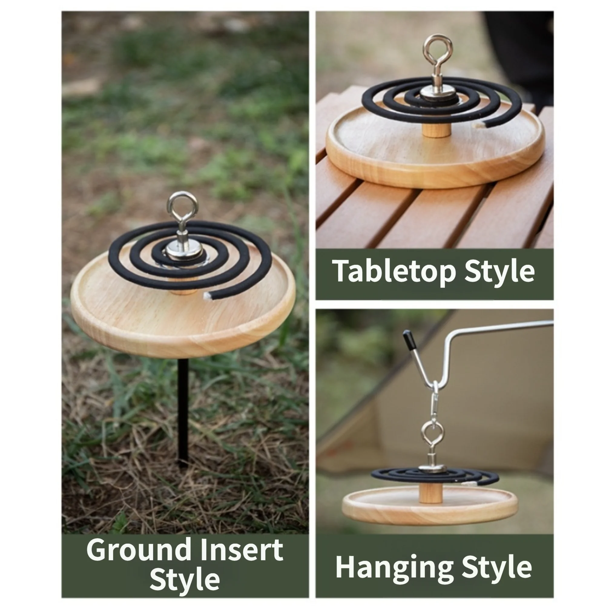 Oak Wood Magnetic Coil Holder with Detachable Steel Stake for Outdoor Camping Incense Burning and Hanging Setup
