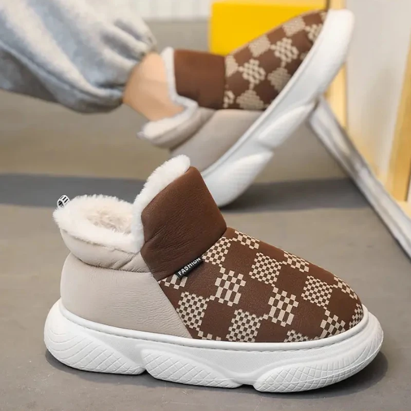 

Cotton Outside Slippers Men Winter Warm Shoes Plush Lining Indoor Slipper Couple Platform High Top Snow Boots Male Home Slippers