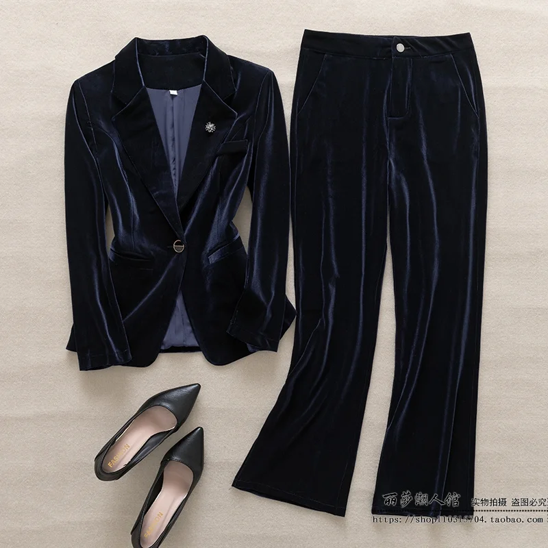 2024 Spring and Autumn Season Women Slim Gold Velvet Suit Short Waist Collection Velvet Suit Wide Leg Pants OL Two Piece Set