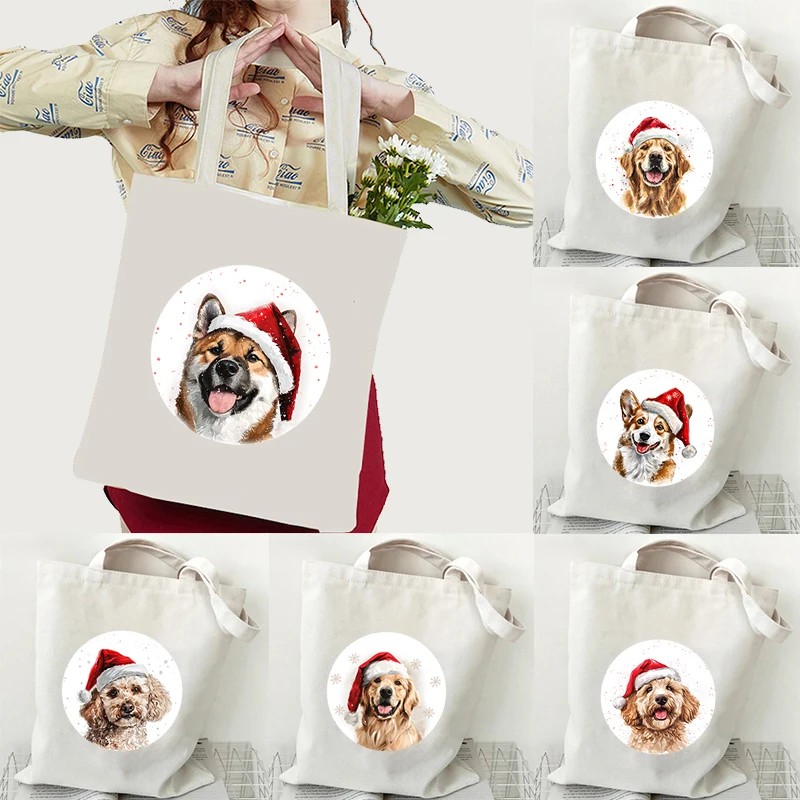 Christmas Dog Series Graphic Handbags Women Shiba Inu Golden Retriever Dog Golden Poodle Canvas Tote Bag Fashion Shoulder Bag