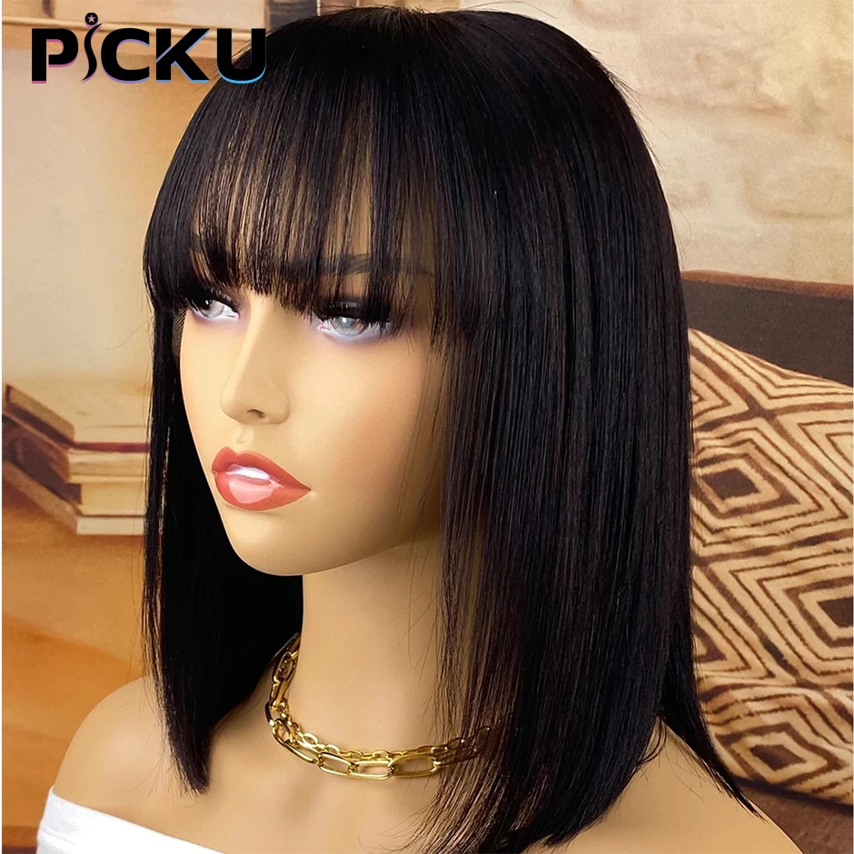 Brazilian Human Hair Wig with Bangs Remy Straight Hair Bob Wigs Full Machine Made Wig for Women 8-16 Inches No Lace Bob Wigs