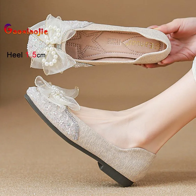 

French Style Single Shoes Comfortable Bridal Shoes Apricot Shallow Mouth Flat Sole Shoes With Dress Fashion Rhinestone Lady Shoe