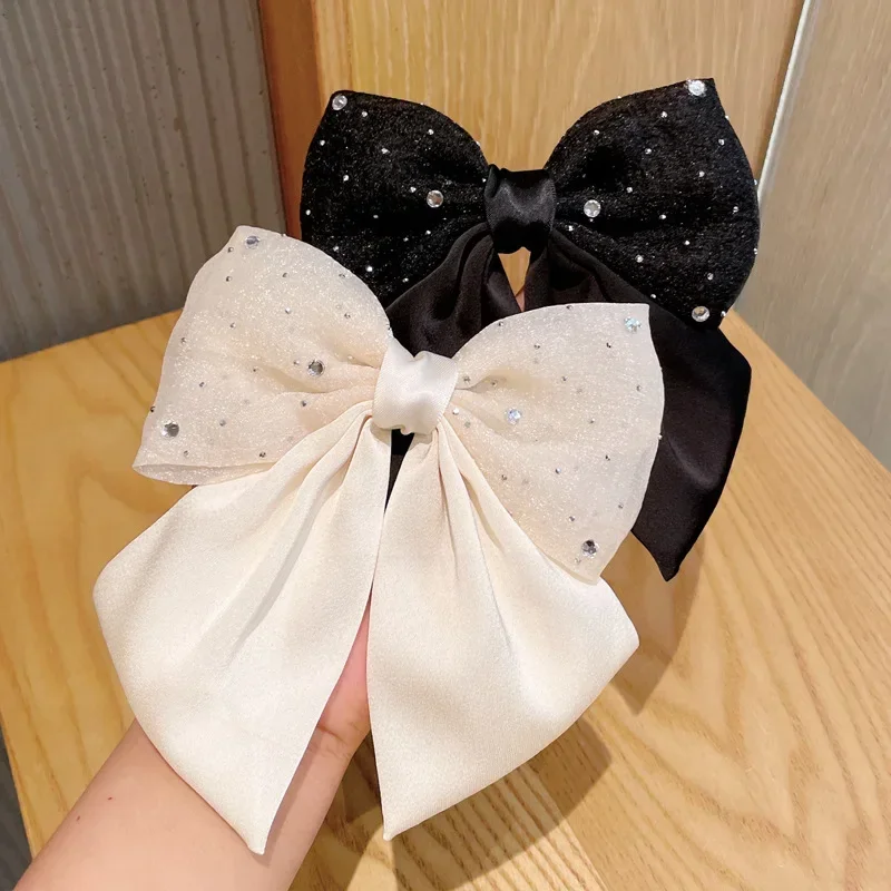 Korean Fashion Rhinestone Bow Hairpin Sweet Hair Accessories Female Ponytail Clips Headpiece Hair Accessories for Womeni-Remiel