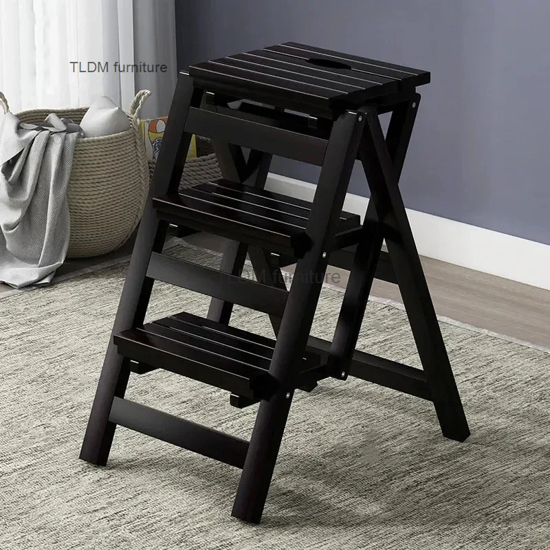 

Solid Wood Step Ladders Folding Home High Stool Kitchen Ladder Multi-functional Stool Thickened Indoor Dual-purpose Ladder H