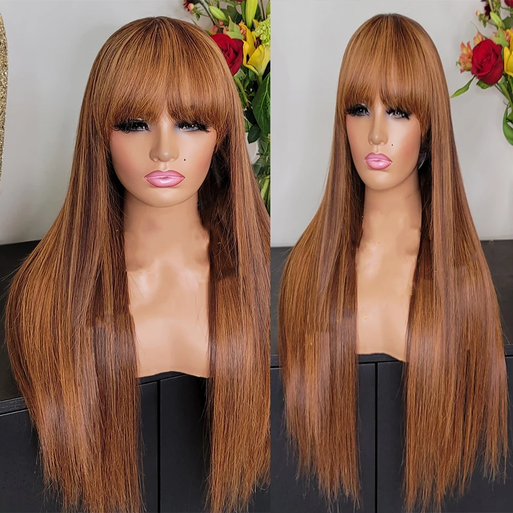 

Blended Colored Straight Bangs Highlight Human Hair Fringe 13x6 Lace Front Wig for Women Remy Glueless 5X5 Lace Closure Wig