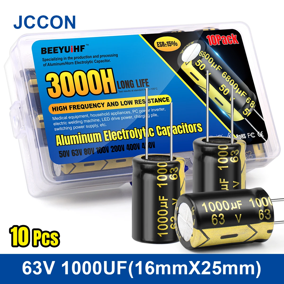 

10Pcs1000UF JCCON Aluminum Electrolytic Capacitor Kit 63V1000UF 16x25 High Frequency Low ESR Capacitors Assortment Box Kits