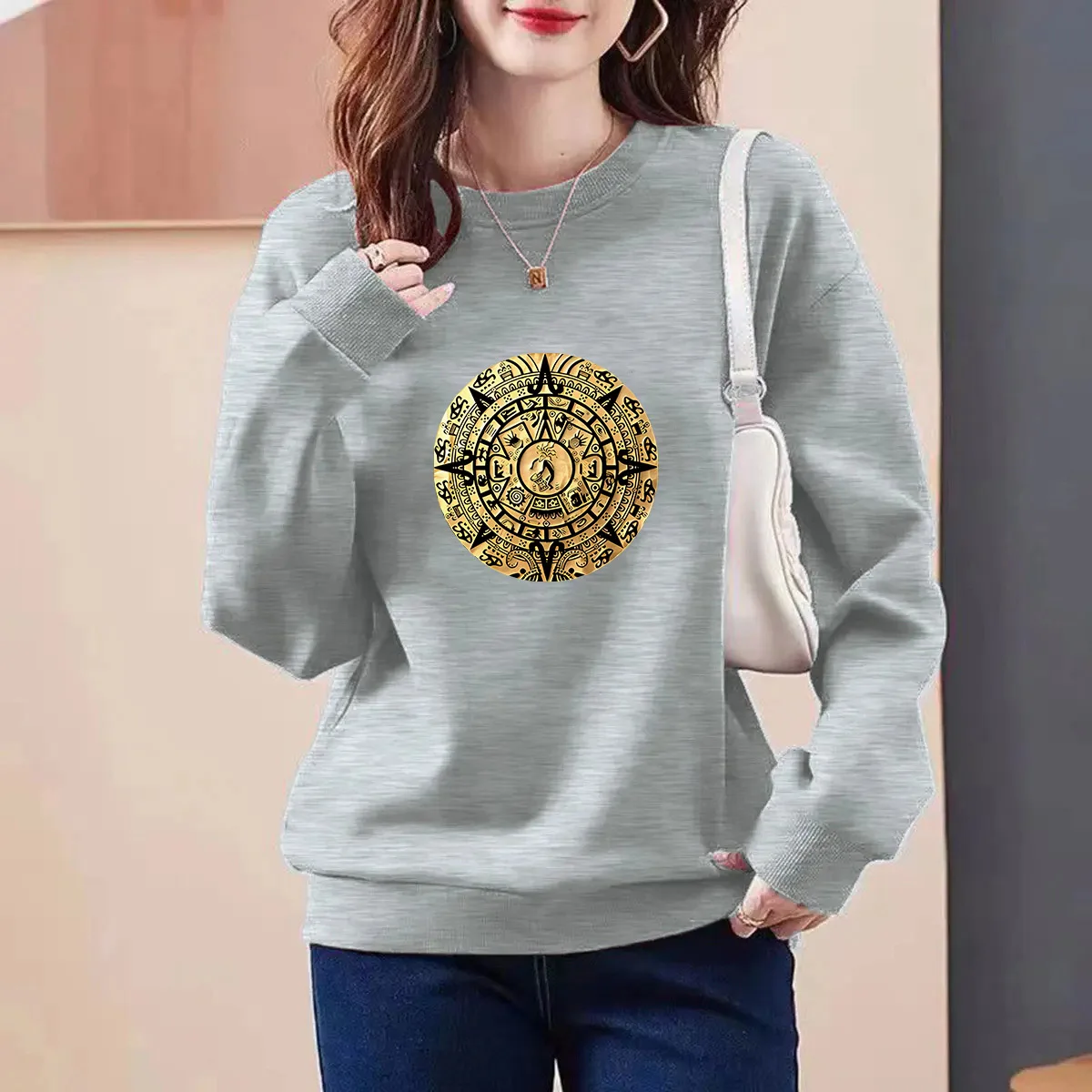 Women Clothing Chic Pinted Sweatshirts Autumn New Loose All Cotton O-neck Pullover Hoodies Casual Comfortable Y2k Tops