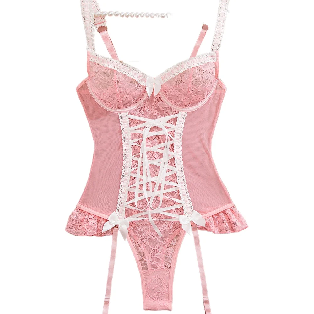 Fancy Sexy Lingerie One-Piece Corset Lace up Beautiful Underwear With Stocking Luxury G-String Pink Sleepwear Sexy