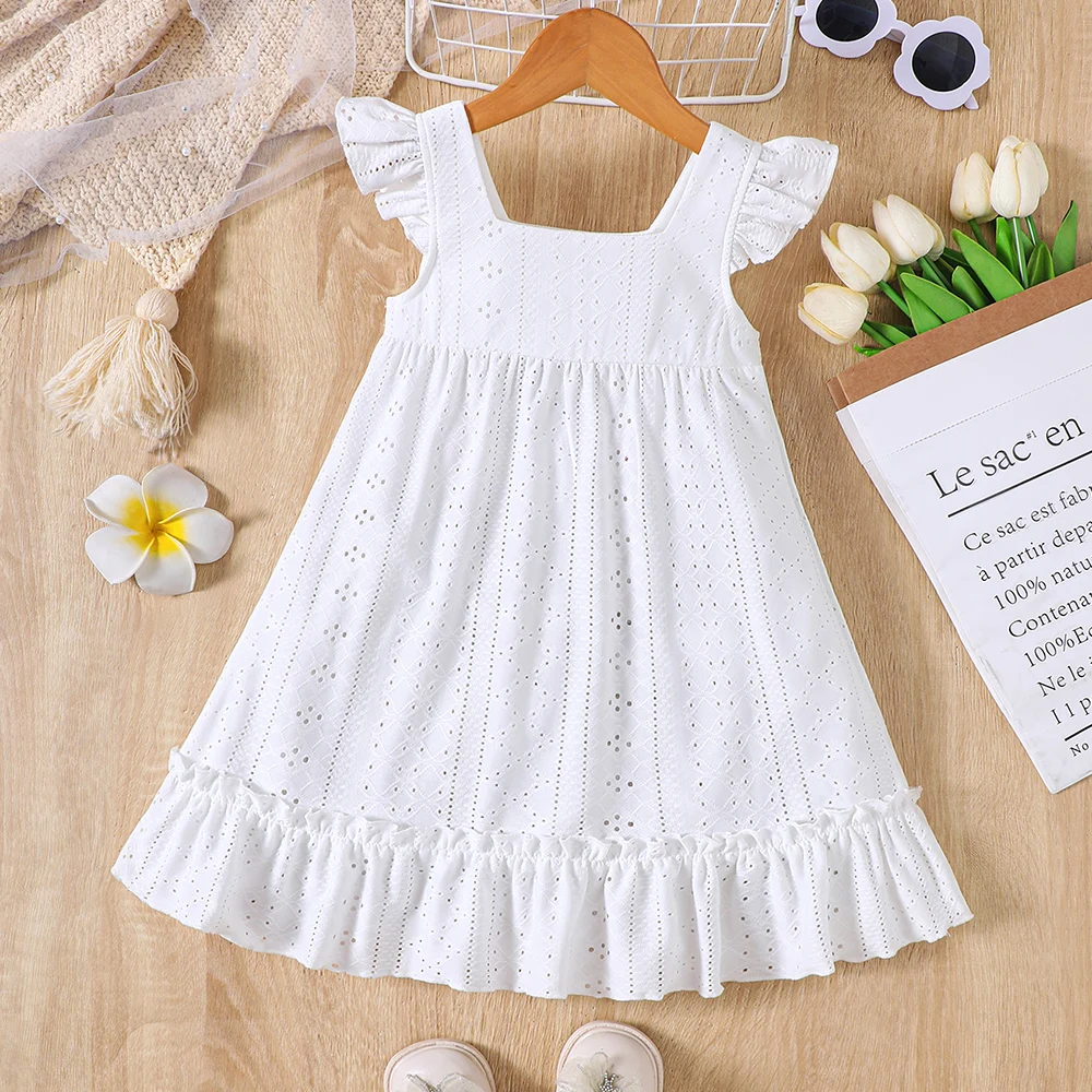 Girls' summer style small fly sleeve hollow solid color dress