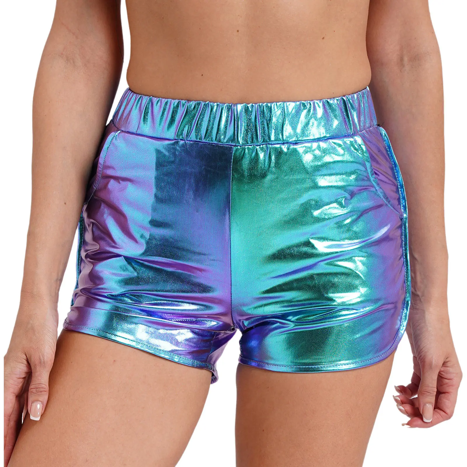 Womens Metallic Shiny Booty Shorts Elastic Waist Side Pockets Shorts Hot Pants for Jazz Dance Raves Club Disco Music Festival