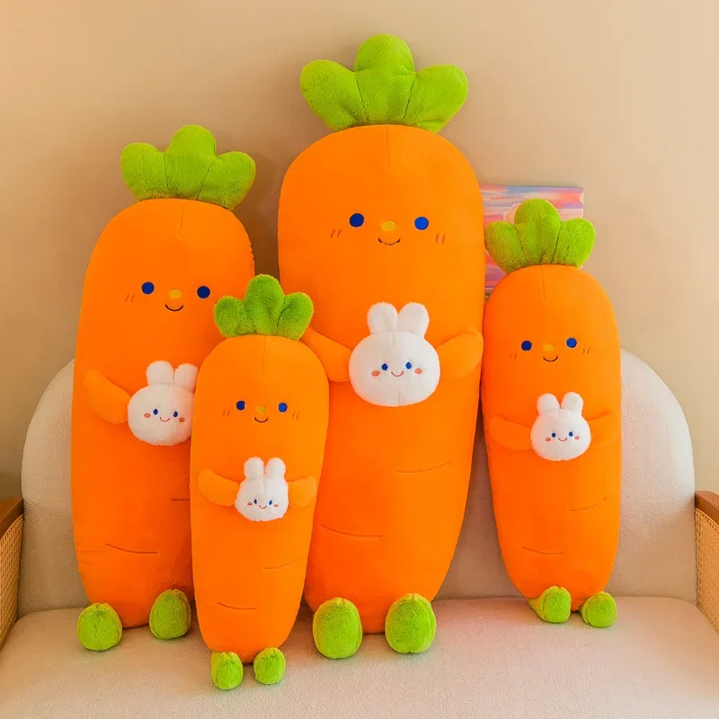 Cute Cartoon Carrot Pillow Dolls para crianças, brinquedos macios de pelúcia, tamanho grande, sorriso de planta, coelho, vegetal, presente