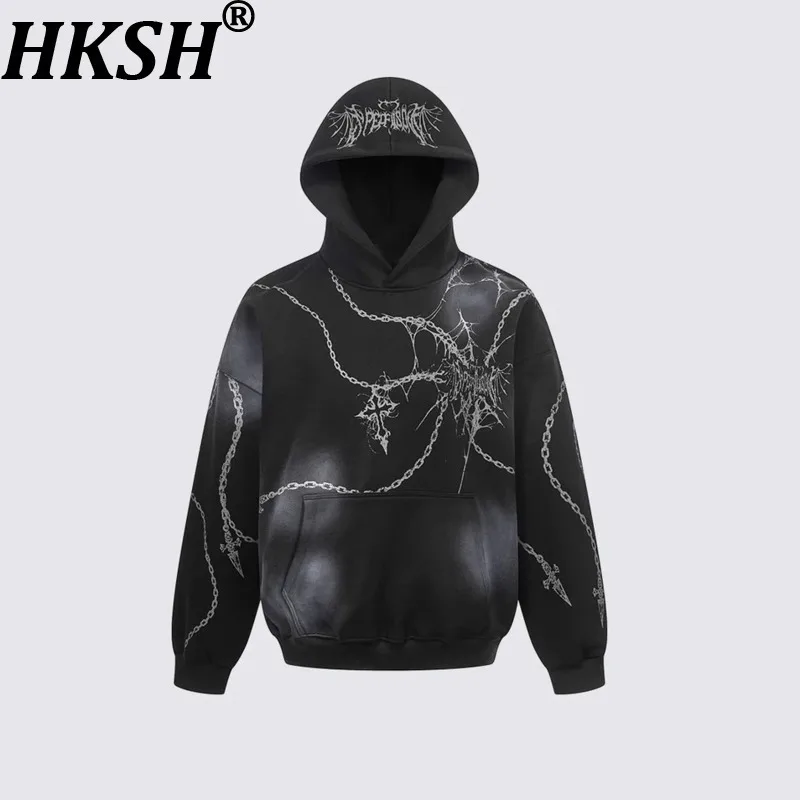 

HKSH Spring Autumn New Men Tide High Street Cross Chain Digital Printed Tie-Dye Hooded Sweatshirt Trend Fashion Punk Top HK15664