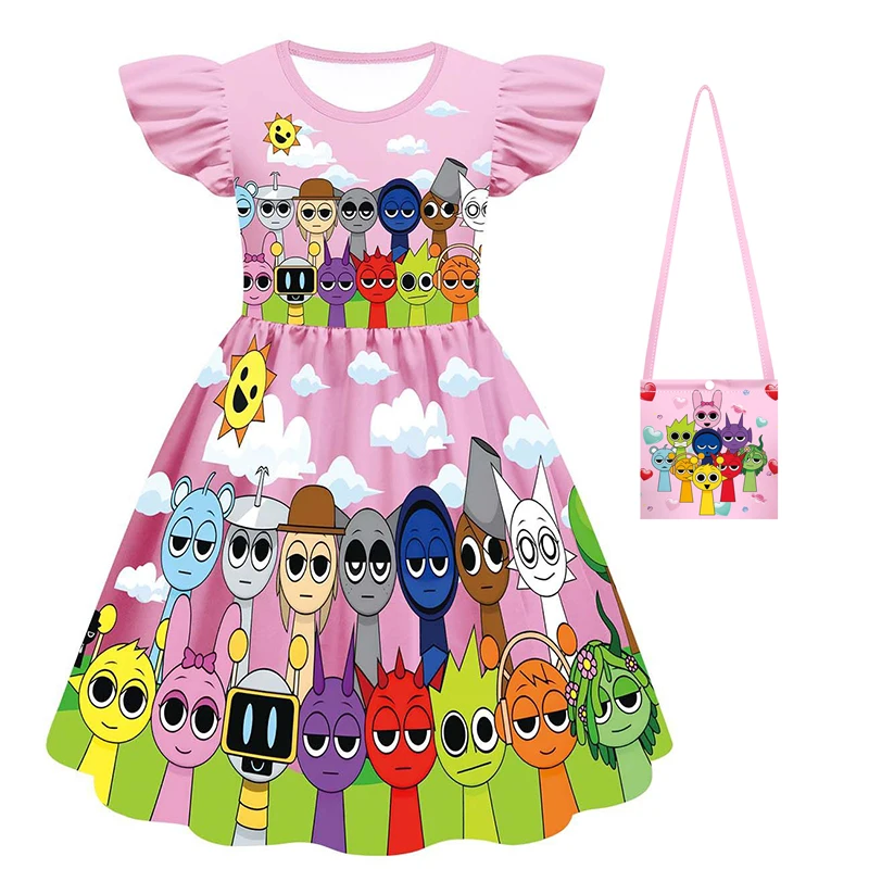 New Movie Sprunki Dress Children\'s Summer Vacation Outfit Girls\' Game Lncredible Box Casual Dress And Bag  Girls\' Clothes
