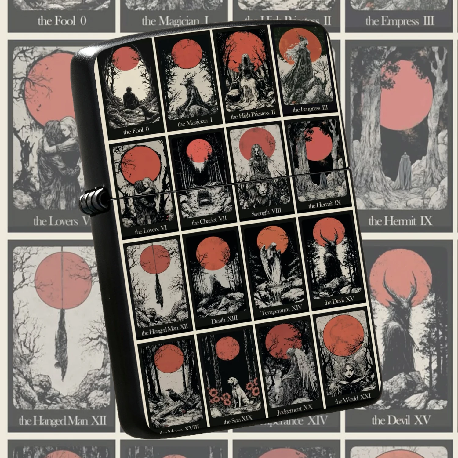 Dark Forest Red Moon Tarot Pattern Lighter Retro Etched BLACK White Art Print Surface Windproof PORTABLE Stylish Collectible for Daily Outdoor Use Ritual Scene Unique Mysterious Vibe Gift Durable Hard Shell Exclusive Accessory for Tarot E