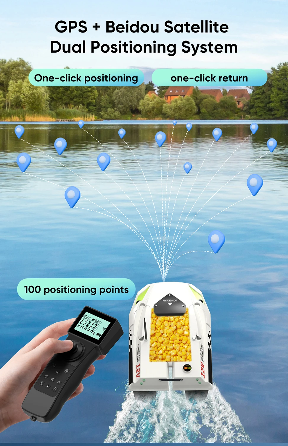 Bild 4: 12V Hochgeschwindigkeits-GPS-Köderboot, LOKEEVAN D50B GPS- und Beidou-Positionierungs-Fischerboot, automatische Rückkehr bei niedrigem Akkustand und Signalverlust, 3000G Zugkraft, Doppelrumpf-Futterboot mit 1,5 m Schleppnetz