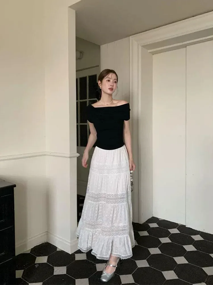 

High Waist A-Line Midi Skirt Lace Patchwork Gentle Sle Slimming f-length Skirts French Sle Cotton Lace Casual Skirts