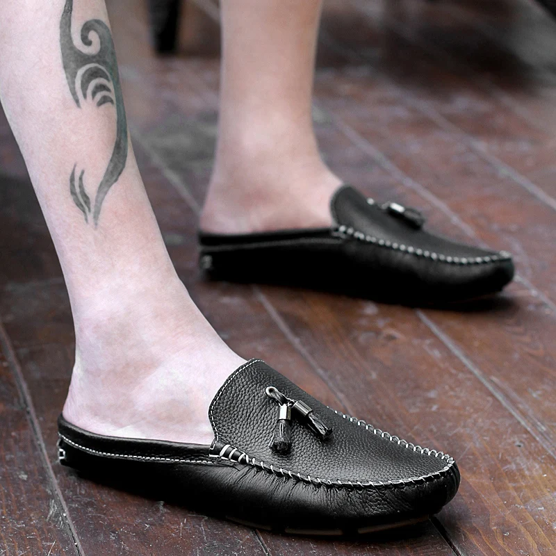 Summer Tassel Half Shoes For Men Dress Shoes Mules Man Slides Leather Casual Shoes Backless Loafers Slippers Flats Sandals 2023