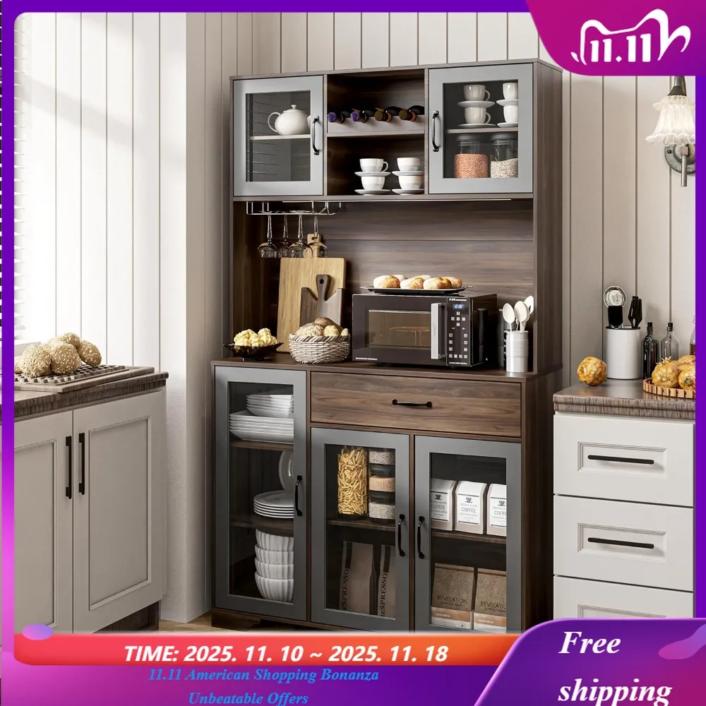 Coffee Bar Cabinet with Charging Station & LED Lights, Tall Kitchen Hutch Food Pantry Cabinet with Wine Rack, Drawer