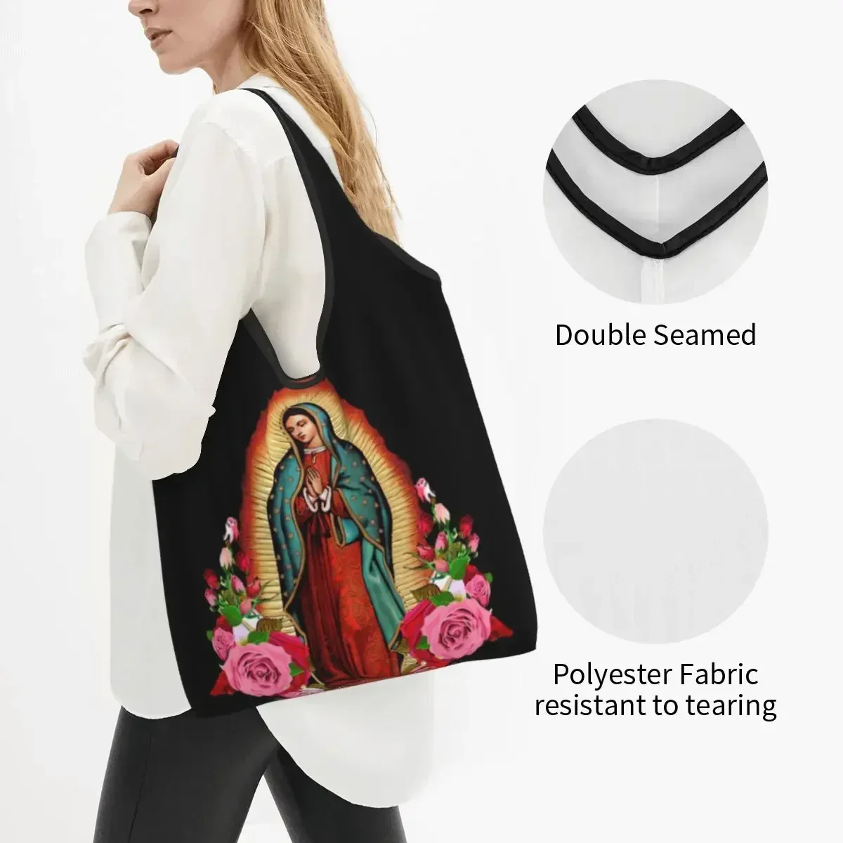 Our Lady Of Guadalupe Virgin Mary Large Reusable Bags Shopping Machine Washable Foldable Bags Lightweight Gift Eco Bags Durable