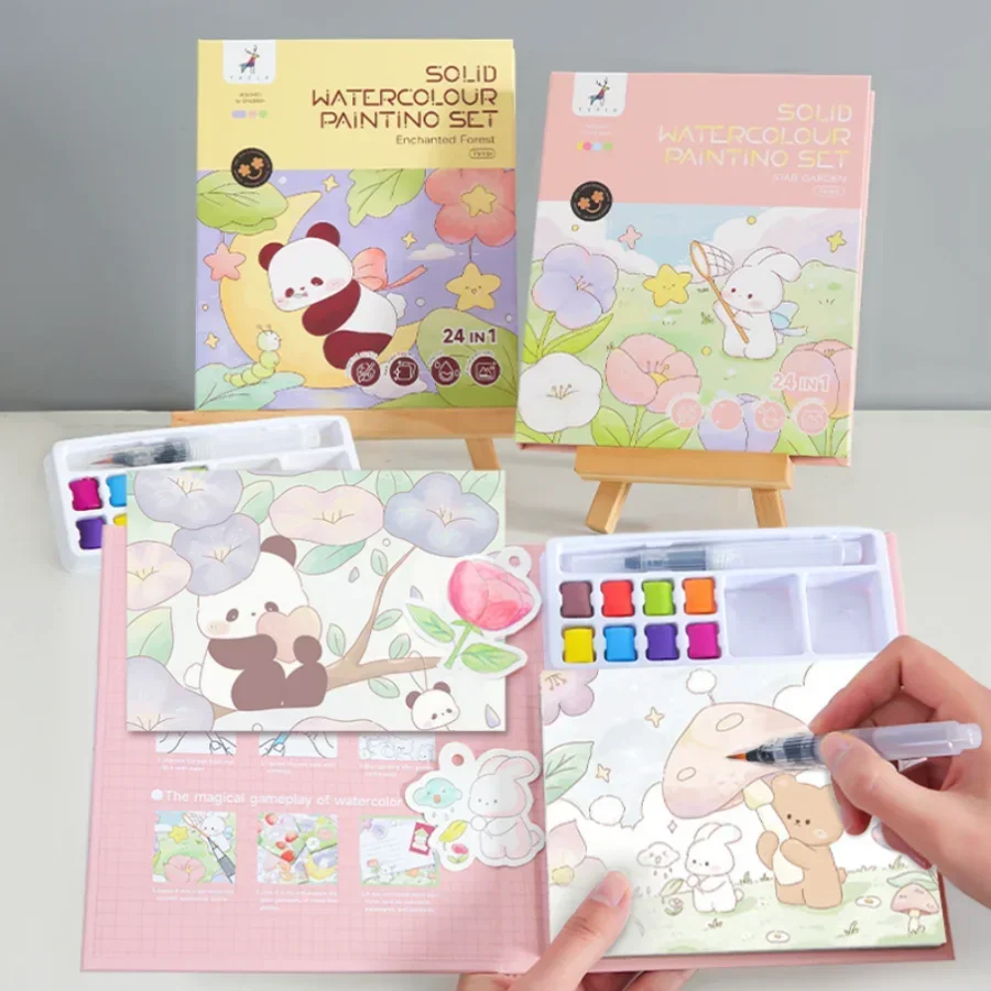 

Kids Portable Watercolor Paint Book Paint Set With Water Brush Gouache Graffiti Picture Coloring Drawing Toys Kindergarten Gifts