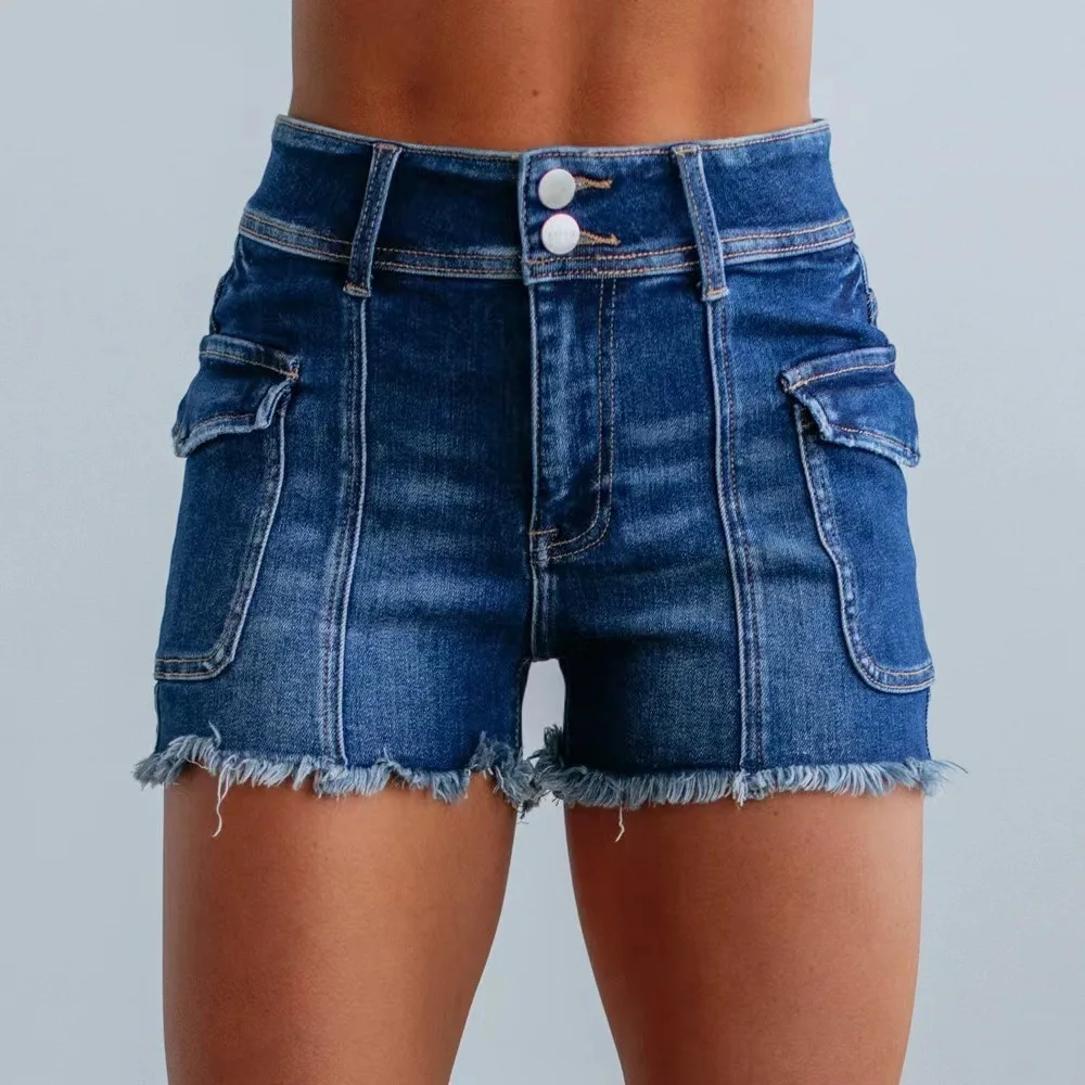 

Summer Women's Fashion High-Waisted Stretch Fringe Denim Shorts Blue Big Pockets Two Button Jeans Shorts