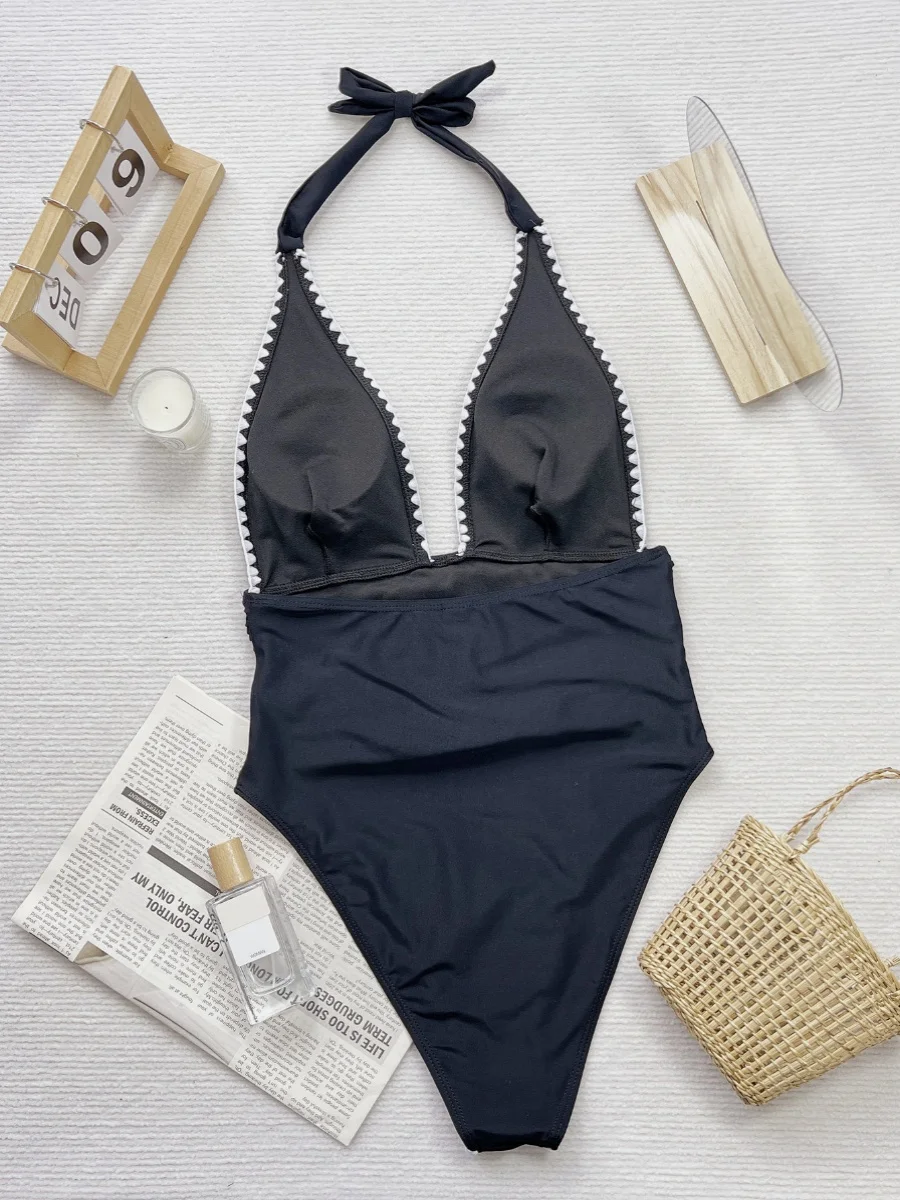 بدلة سباحة نسائية قطعة واحدة بلون موحد لعام 2024، تصميم معلق على الرقبة، مثير ومكشوف الظهر، مناسب للشاطئ والرياضة