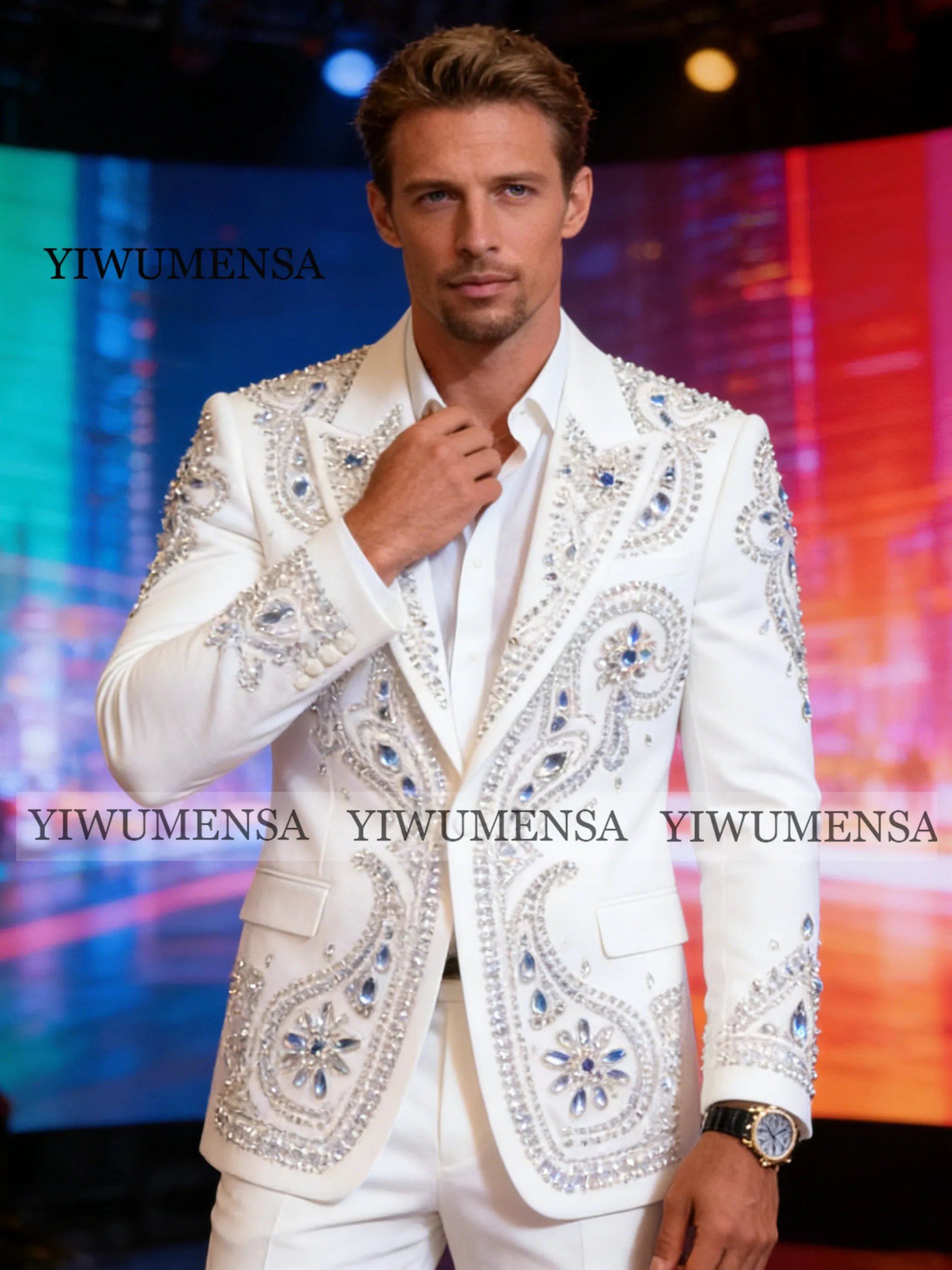 Exclusive Jewelry Stones Men's Suit For Wedding Beaded Label Prom Blazers Customized Man Formal Party Groom Tuxedos Ropa Hombre
