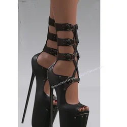 Sandalias occidentales con hebilla hueca negra para Mujer, botas de plataforma de tacón alto fino, zapatos de talla grande, envío gratis