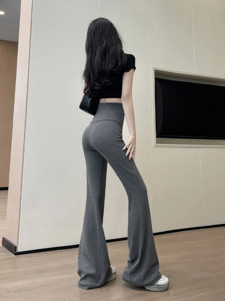 

Gray Knitted Floor-Length Casual Pants Women's High Waist Bell Bottom Yoga Trousers Slimming Effect Casual Loose Fit