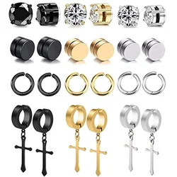 12 Pairs Simple Stainless Steel Magnetic Stud Earrings For Men, Cross Pendant Ear Clips, Cool Non Pierced Earrings
